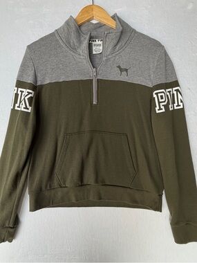PINK Victoria's Secret Olive Green and Gray Quarter-Zip Pullover
